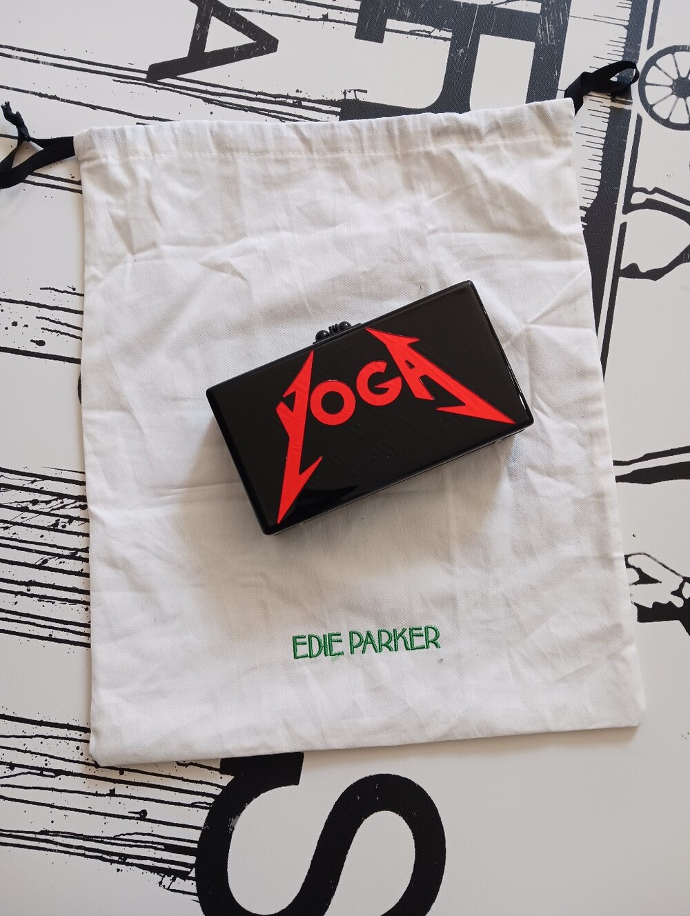 Edie Parker Black Acrylic Box Clutch with Red 'YOGA' Graphic+ Dust Bag